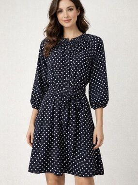 Maeve Navy and White Polka Dot Long Sleeve Tie-Waist Dress